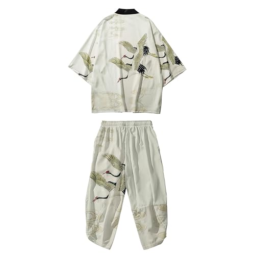 Image of DOSLAVIDA Men's Japanese Kimono Jacket Set Stylish Open Front Coat With Shorts Chinese Style Printed Cardigan Suit