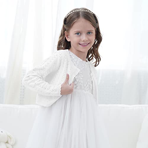 Image of Girls' Crochet Knitted Cardigan Sweater Bolero Shrug Kids Long Sleeve Button Closure Cropped Knitwear Cover Up,Ecru,9 /10