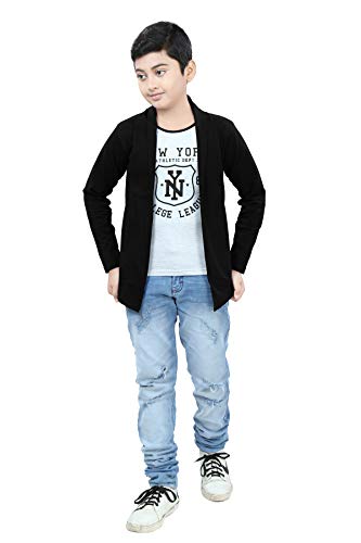 Image of Boy's Cotton White Printed T-Shirt with Blue Jacket Shrug