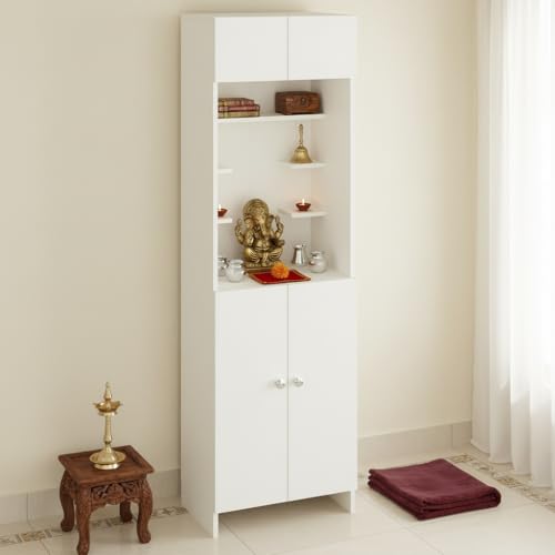 Image of FURNEASER Shivika Engineered Wood Pooja Mandir for Home | Modern Design Temple for Home & Office | Puja Stand Shelf | Prayer Cabinet Shelf (White)