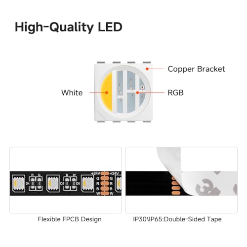 Image of BTF-LIGHTING RGBW LED Strip Lights,UL Listed,5050 4 Colors in 1 RGB + 2700K-3000K Warm White,24V DC,16.4ft /5m 60LEDs /m 12mm Black PCB, IP30 for Home Decoration(No Adapter or Controller) (Pack of 2)