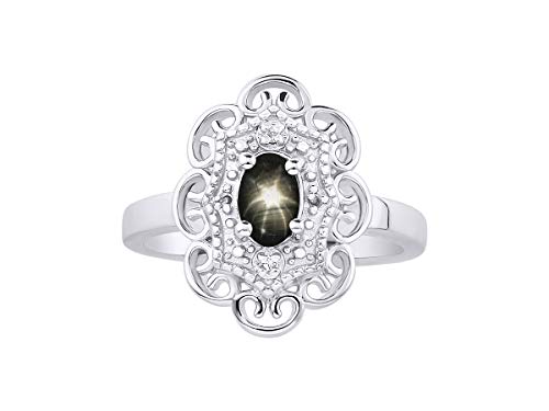 Rylos Simply Elegant Floral Pattern Black Star Sapphire & Diamond Ring - March Birthstone* #TOP16