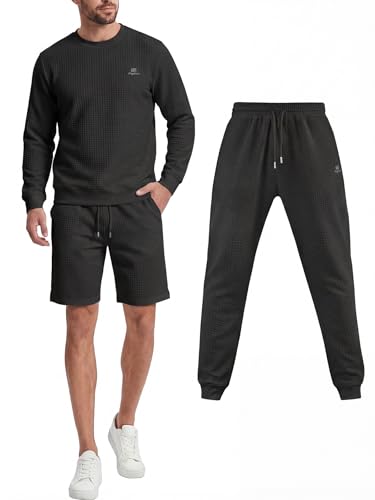 Flyplus Herren Jogginganzug Set Casual 3-Teiliger Trainingsanzug mit Sweatshirts und Herren Jogginghose und Kurze Hose Tracksuit sets Laufanzug mit Strukturmuster