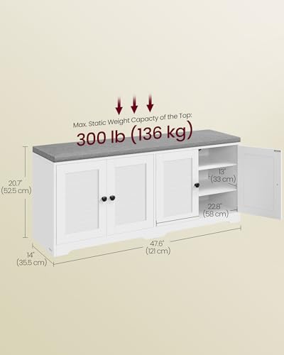 Image of VASAGLE Shoe Storage Bench with Cushion, 3-Tier Entryway Bench with Padded Seat, Doors, Adjustable Shelves, 14 x 47.6 x 20.7 Inches, for Hallway, Bedroom, Cloud White and Dove Gray ULSB048WB01
