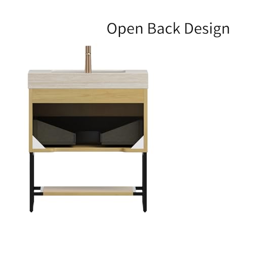 Image of 30 inch Freestanding Bathroom Vanity with Sink, Bathroom Vanity with Sintered Stone Top & Undermount Ceramic Basin, Pre-Assembled Striped Bathroom Storage Cabinet with Drawer & Open Shelf, Oak