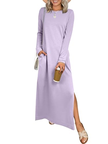 ANRABESS Women Long Sleeve Dresses 2025 Fall Casual Crewneck Loose Fit Split Flowy Wrinkle-Free Travel Vacation Maxi Dress Light Purple Small