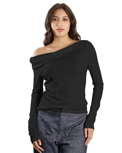 Women's Off One Shoulder Sweater Wool Blend Long Sleeve Lightweight Base Layer Tops