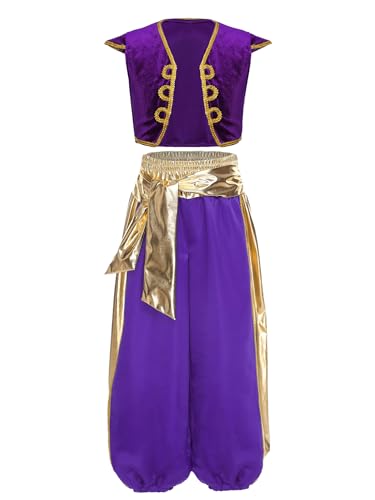 Miutii Chaleco de terciopelo para niños con príncipe árabe + pantalones harén para niños, ropa árabe, Halloween, carnaval, disfraz, A Lila, 134-140