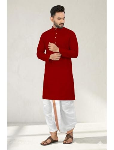 Image of UNIQUE MOMENTS Men's Cotton Dhoti Kurta Set with Full Sleeves Solid Pattern Modern Style and Mandarin Collar Neck | Perfect for Puja & Celebrations