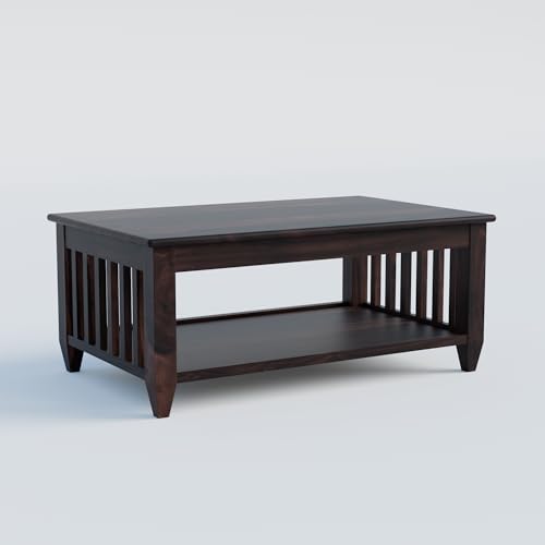 Image of Solid Sheesham Wood Rectangle Centre Table, Coffee Table for Living Room, Wooden Sofa Center Table with Shelf Storage for Home & Office | Rosewood, Walnut, Pre Assembled & Ready to Use