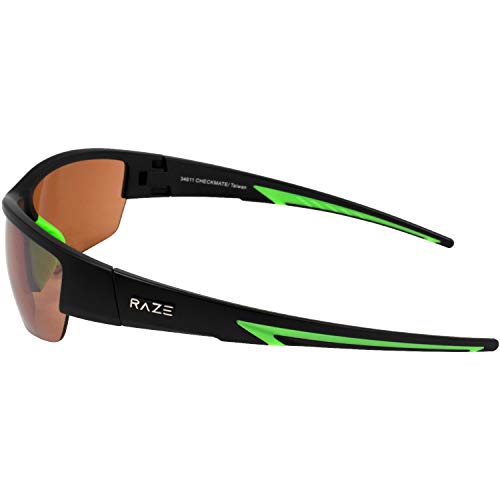 Raze Checkmate Sport Sunglasses Black Matte Frame with Green Accents & HD Amber Lens3