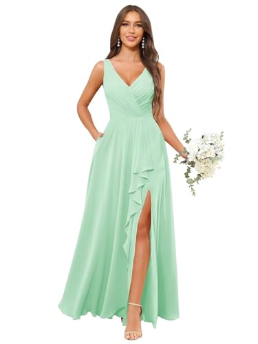 Image of HANVAIOS Long Chiffon V Neck Bridesmaid Dresses for Women Formal Dress with Pocket