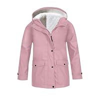 Boys Girls Rain Jacket Waterproof Fleece Lined Parka Outwear Hooded Windbreaker Trench Coat for Kids Packable Winter Coat Travel Hiking Outdoor Jackets with Pocket (Pink, 13-14 Years)