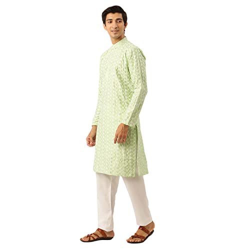 Image of SOJANYA (Since 1958 Men's Silk Blend Light Green Kurta & Nehrujacket with White Pyjama Combo