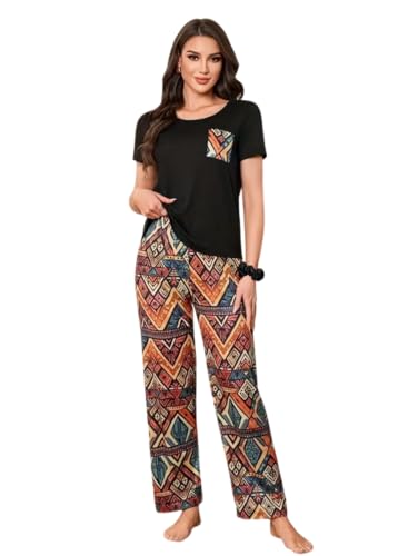 Image of Celary Women's Cotton Blend Printed Night Suit Set||Soft & Breathable Short Sleeve Top & Ethnic Print Pyjama Set||Also Available in Plus Size||Korean Night Suit||Comfortable Home Wear & Sleepwear