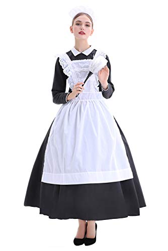 Bilicos Damen Halloween Französisch Maid Kleid Vintage Dienstmädchen Kostüm Maid Karneval Langes Kleid mit Schürze Viktorianische Haushälterin Cosplay Kostüm XL Cover