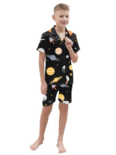 Schbbbta Kids Satin Pajamas Sets Girls Boys Button-Down Pjs Short Sleeve Silk Nightwear, Black Astronaut, 11-12 Years = Tag 1602