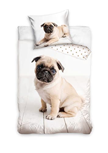 Carbotex Parure de Lit Chien Carlin 100% Coton - Housse de Couette Réversible 140x200 cm avec Taie d'oreiller 65x65 cm, White Cover