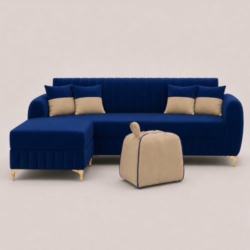 Image of CASASTYLE Signature Velour 4-Seater L-Shape Sofa Set with Movable Ottoman & Suri Pouf | Flexible LHS /RHS Layout | Boston Fabric | 40D Foam + Zigzag Spring | 3-Yr Warranty (Midnight Blue,Sand Beige)