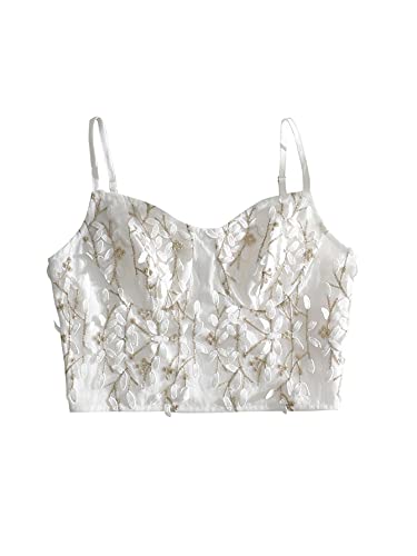 SOLY HUX Women's Lace Sequin Spaghetti Strap Zipper Back Detail Cami Croptop White M