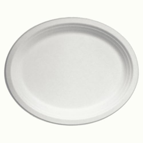 50 Pack,12.5 inch x 9.8 inch Oval Sugarcane Plates, 32cm x 25cm Disposable Dinner Plates, Biodegradable and Compostable Bagasse Plates for Large Meals, Parties, Microwave Safe, Sturdy, Eco-Friendly