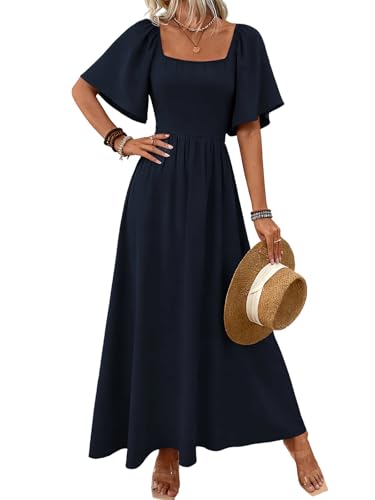 LIAMERHE Robe Longue Femme Été Élégante Col Carré Manches Volantes Chic Robes Maxi Ligne A Manches Courtes Taille Haute Fluide Style Bohème Robe de Plage Vintage...