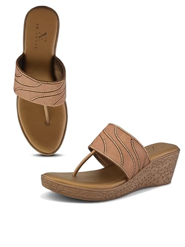 Image of XE Looks Wedge Thong Sandals for Women | Pleated Upper Strap with Subtle Rhinestone Detail | Cushioned Footbed & Slip-On Low Wedge Heel | Lightweight All-Day Comfort