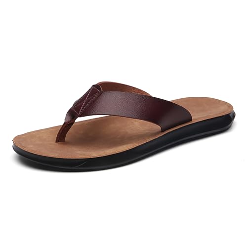 Men's Leather Flat Flip Flops Lightweight Comfortable Open Toe Anti-Slip Soft Platform Slip On Thong Sandals for Summer Casual Walking Beach Slides