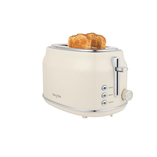 Salter Retro Cream 2-Slice Toaster - UK PLUGGED, Wide Slots, 6 Browning Levels, Defrost, Reheat & Cancel, High-Lift Eject, Removable Crumb Tray, Self-Centring, Anti-Jam Function, For Bagels, 815W