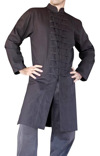 Image of Chinese Collar Mens Long Naval Jacket Many Button Tai Chi Cotton