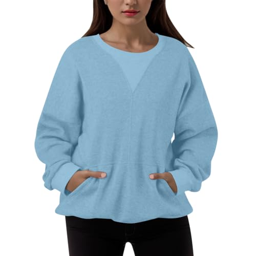 Sweat-shirt surdimensionné femme bleu XL en patchwork sans capuche avec poche