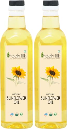 Image of Praakritik Cold Pressed Sunflower Oil 1L, Cold Pressed, Pure & Natural, Zero Chemicals, Ideal for Cooking & Frying, Unrefined & Preservative-Free (Pack of 2)