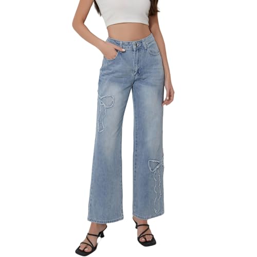 Women's High Waisted Jeans with Bowknot, Straight Leg Light Wash, Relaxed Fit Denim Pants