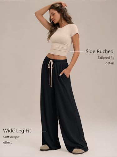 Image of Trendy Queen 2 Piece Matching Summer Lounge Set Womens Side Ruching Top Wide Leg Pants Sets with Pockets