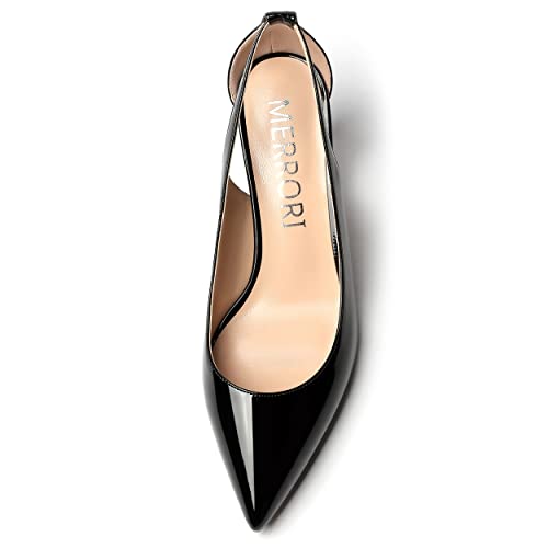 MERRORI Women's Pointed Toe Solid Slip On Patent Stiletto Mid Heel Pumps Shoes 2.5 Inch3