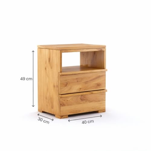Image of Premium Solid Wood Bedside Table with 2 Drawer & 1 Open Shelf | Modern Wooden Nightstand for Bedroom | Bedside Storage Table for Home & Hotel (Natural Finish)