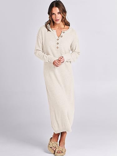 Image of ANRABESS Women Long Sleeve Button V Neck Oversized Casual Loose Fit Waffle Knit Fall Midi Sweater Dress 2026 Trendy Outfits
