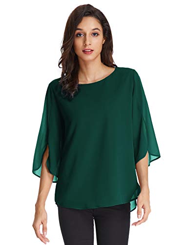 Damen Elegant Chiffon Bluse 3/4 Ärmel Oberteile Langarmshirt Rundhals Tops...