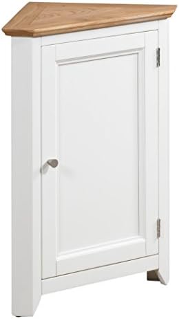 Hallowood Furniture Clifton Small Corner Storage Cupboard in Off White Painted Body and Brown Top  Storage Cabinet with 2 Adjustable Shelves for Hallway-Cupboard for Living Room with 1 Door