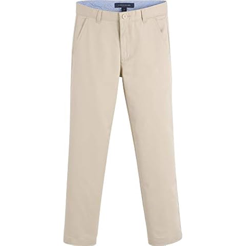 Tommy Hilfiger Big Flat Front Twill Blend Boys Dress Pants, Kids School Uniform Clothes with Husky and Slim Sizes, Khaki, 18 Cover
