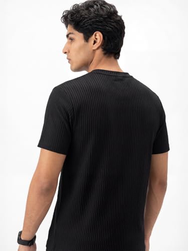 Image of DAMENSCH Men's Striped Texture, Cotton-Rich Comfort, Regular Fit, Solid Colours Striped T-Shirts
