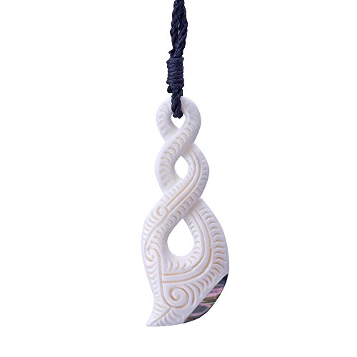 81stgeneration Hand Carved Bone Large Triple Pikorua Pendant with Paua Shell - Maori-Style Twist Adjustable Cord Necklace for Men - Women's Natural Jewelry - Tribal Handmade Statement Jewelry