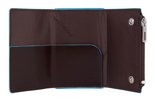 Image of Piquadro - Blue Square Metal Automatic Wallet - Men - Mahogany | Coin compartment, Sliding mechanism, Anti-fraud protection, Slim