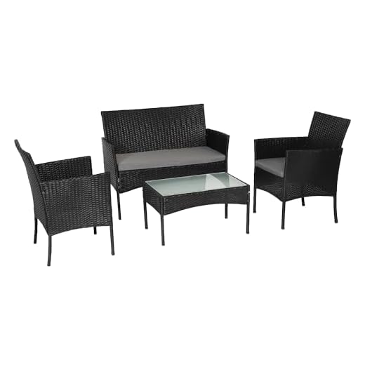 BENEFFITO Tulum - Muebles de jardín de Resina Trenzada Negra - 4 Asientos: 1 sofá, 2 sillones, 1 Mesa de Centro - Cojines Grises con Cremallera