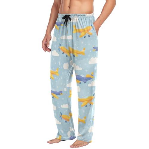 Vdsrup Men's Pajama Pants Airplane Blue Pajama Pants for Men PJs Bottoms Drawstring Pockets Cartoon Sleep Lounge Pants S4