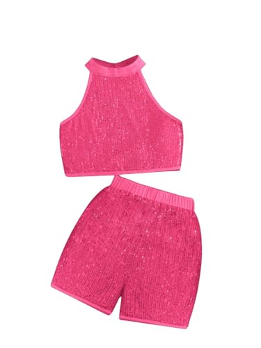 Image of OYOANGLE Girl's 2 Piece Outfit Sequin Sparkle Halter Neck Tank Top and Shorts Set