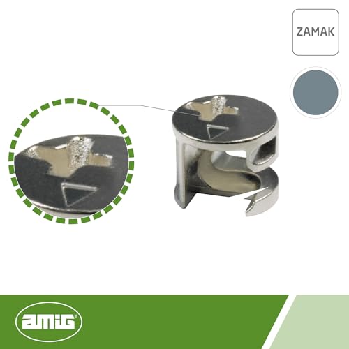Amig - Exzentrische Kupplung | Metall | Ø 12 x 10 x 5,5 mm | 4 Stück | Zur Montage von Brettern mit Exzenter-Anhänger, Modell 50 | Ideal zur Verbindung von Regalen und Möbeln | Silbernes Zamak