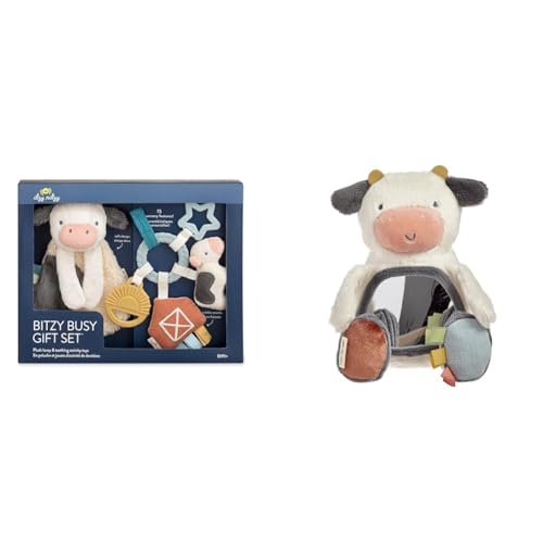 Image of Itzy Ritzy Farm Toy and Sensory Mirror Gift Set - Cow Lovey, Farm Busy Ring, and Crinkle & Jingle Cow Mirror