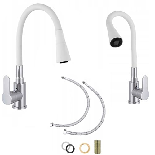 Robinet de cuisine mitigeur flexible à 2 types de jet avec douchette rotative à 360° (blanc)