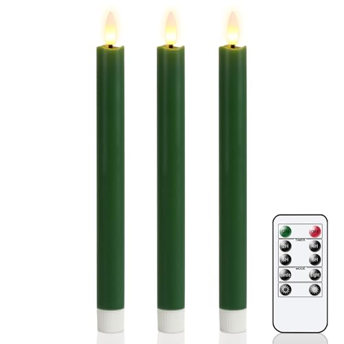 Image of Green Flameless Taper Candles with Remote, Christmas Real Wax LED Taper Candles Battery Operated with 3D Wick, 3 Pcs Flameless Candlesticks for Christmas Home Decor(0.78 inch x 9.65 inch)